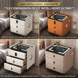 Table de Chevet Intelligente pour Chambre et Maison, Table de Chevet de Luxe Multifonctionnelle en Bois Massif avec Charge Sans Fil, Design Moderne Minimaliste avec Serrure à Empreinte Digitale